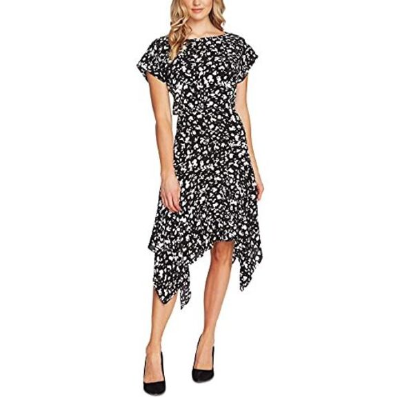 Printed Handkerchief-Hem Dress Black Rich 12 - Picture 1 of 2